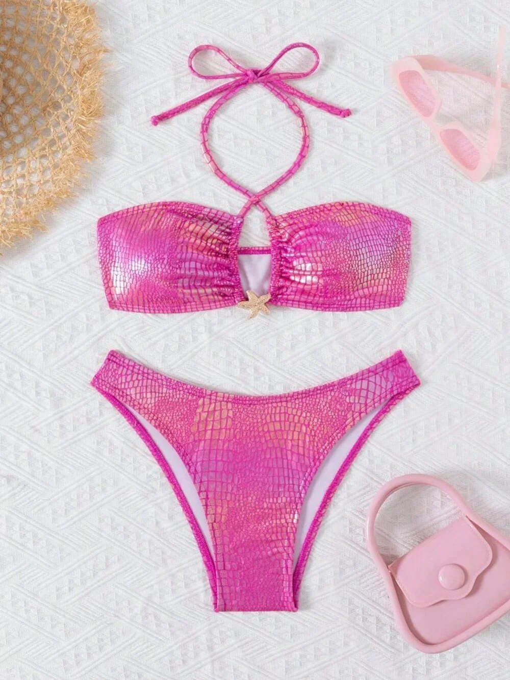 Hot Pink Sexy Women's metallic Glossy Bikini Set